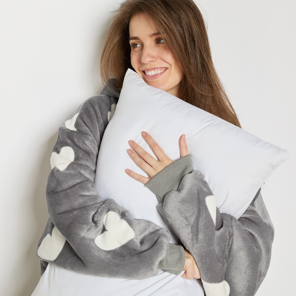 OHS Heart Print Extra Long Hoodie Blanket - Charcoal>