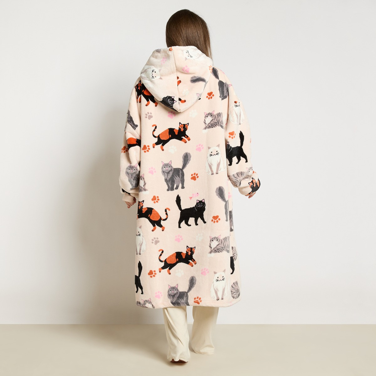 OHS Cat Print Extra Long Hoodie Blanket - Beige>