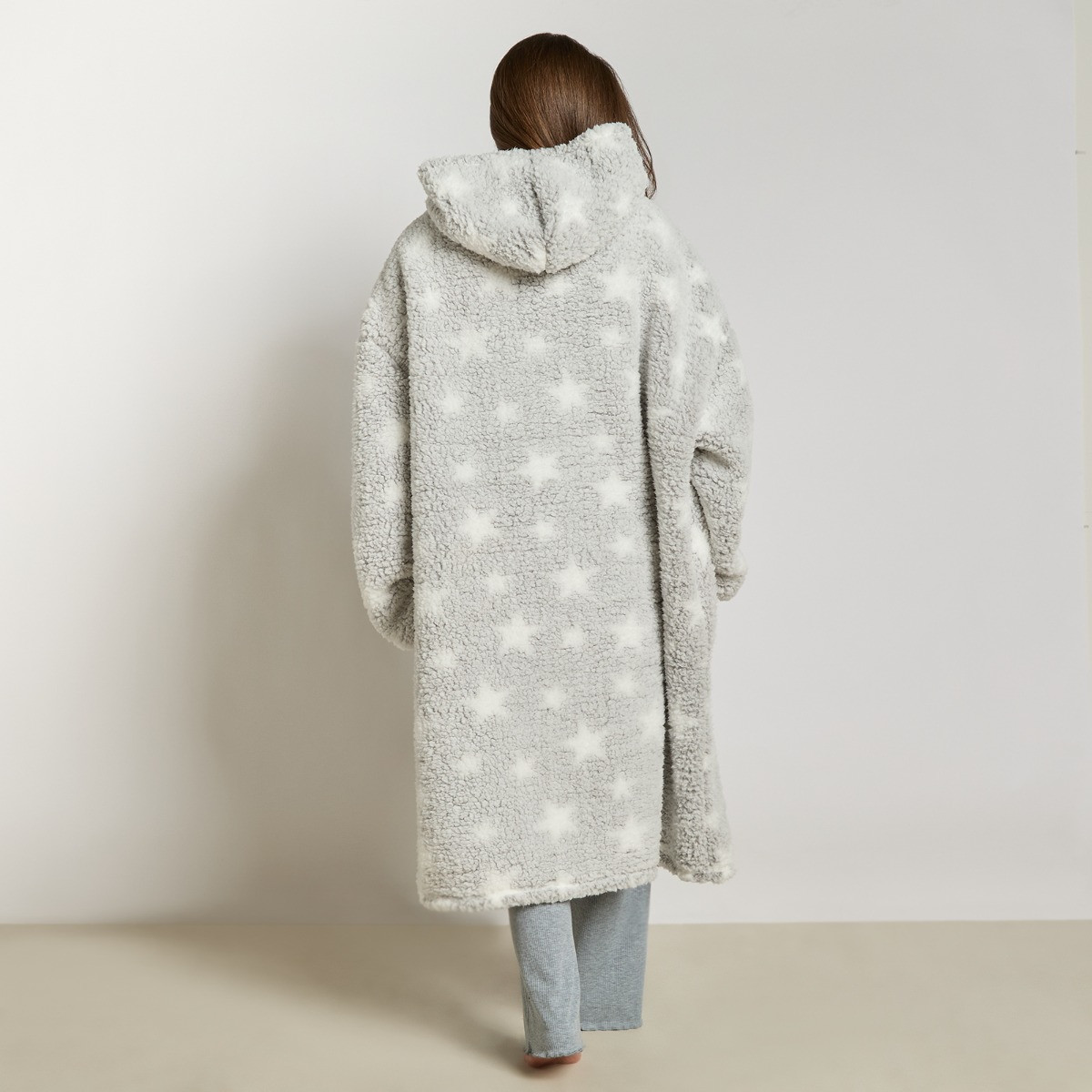 OHS Cosy Adults Star Extra Long Teddy Marl Hoodie Blanket - Grey>