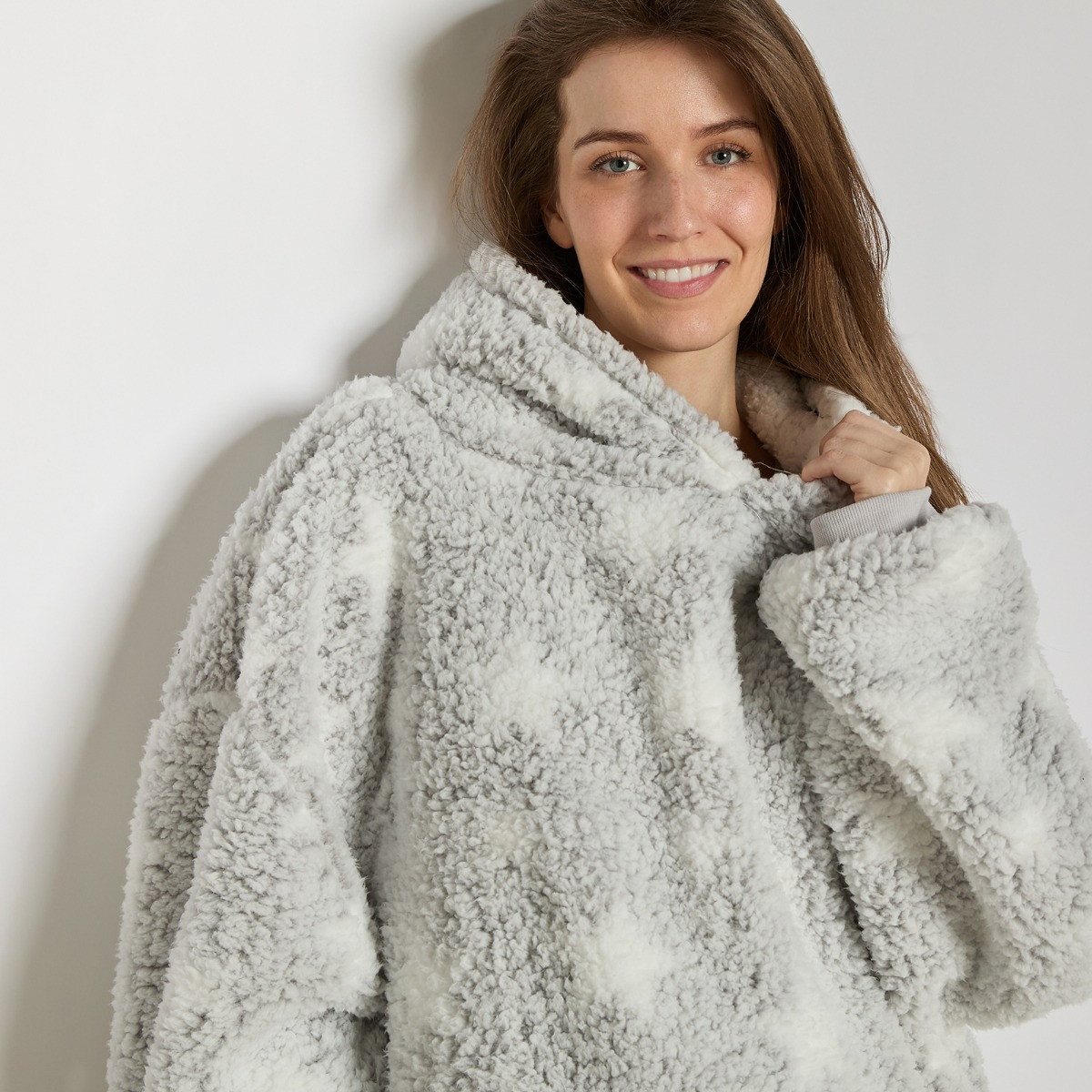 OHS Cosy Adults Star Extra Long Teddy Marl Hoodie Blanket - Grey>