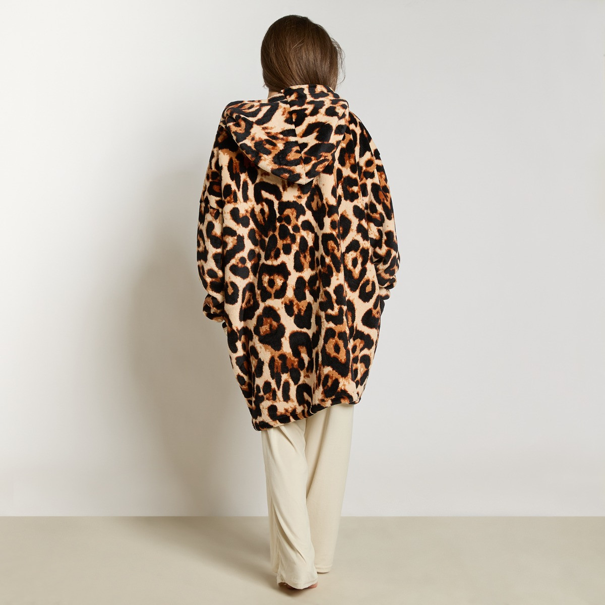 OHS Leopard Print Zipper Hoodie Blanket - Natural>