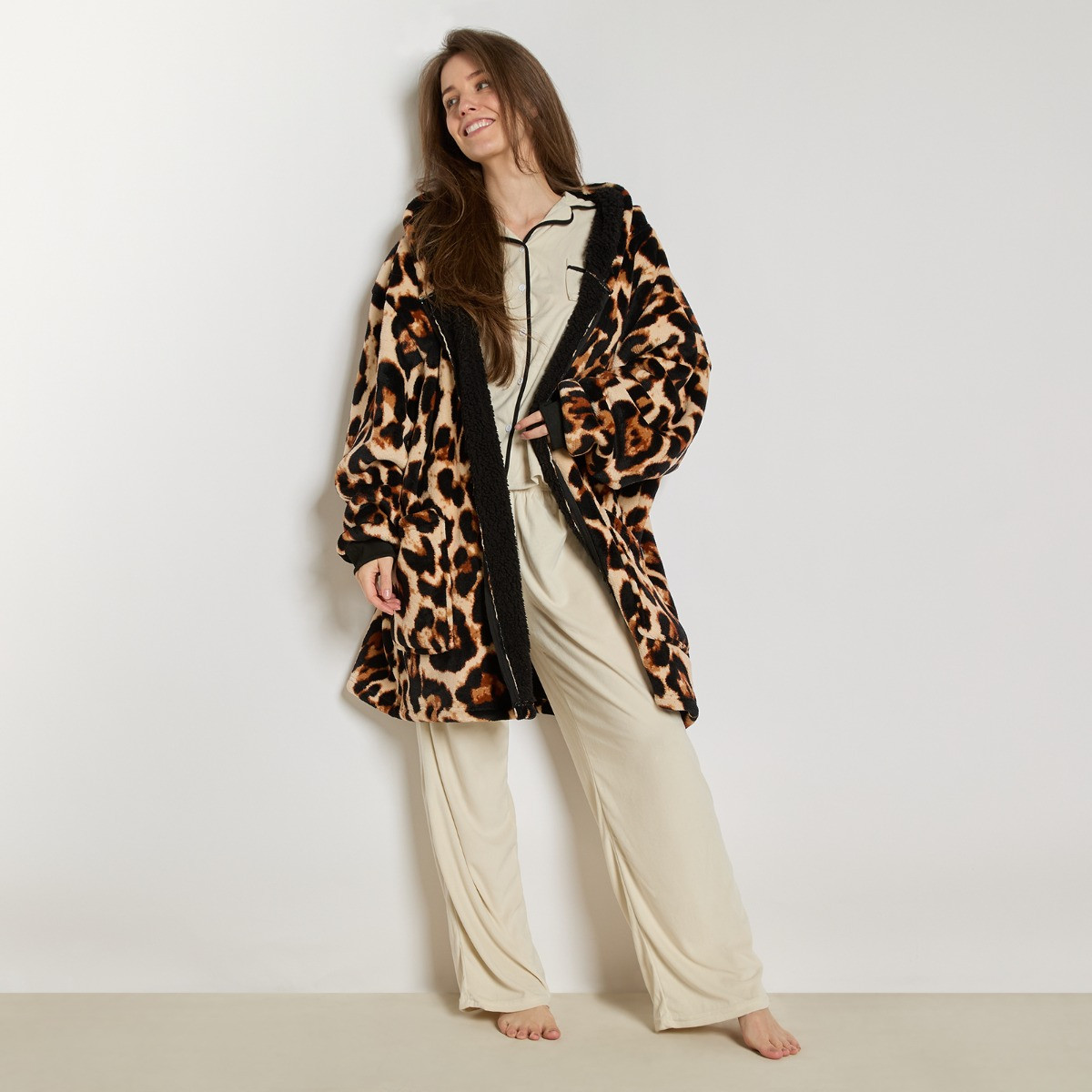 OHS Leopard Print Zipper Hoodie Blanket - Natural>