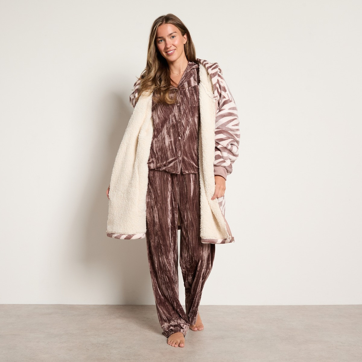 OHS Zebra Print Zipper Hoodie Blanket - Beige>