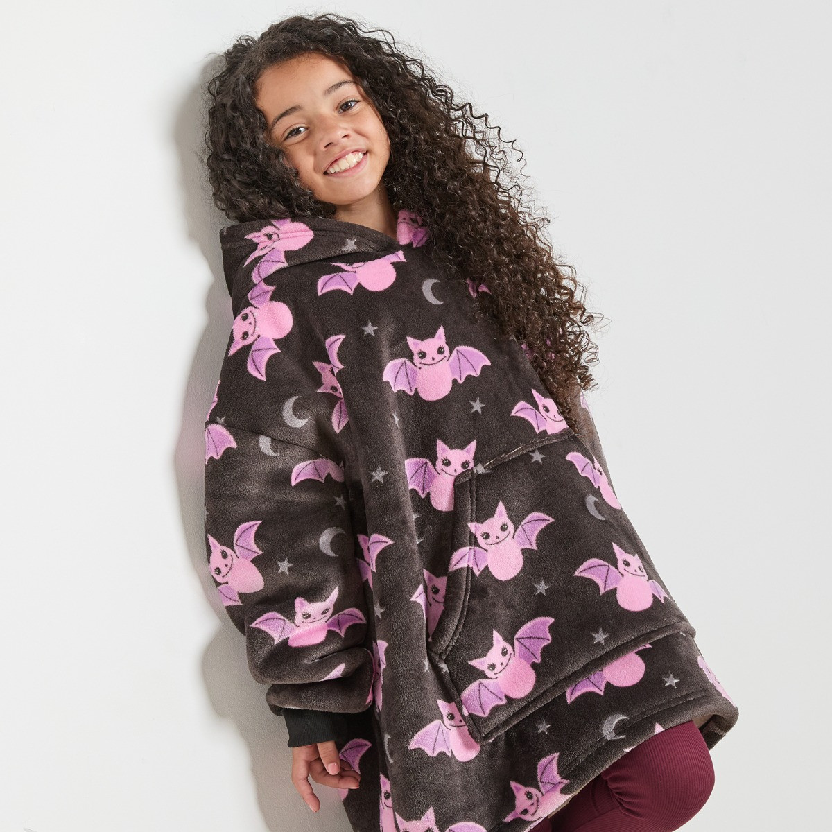 OHS Supersoft Kids Bat Print Hoodie Blanket - Black>