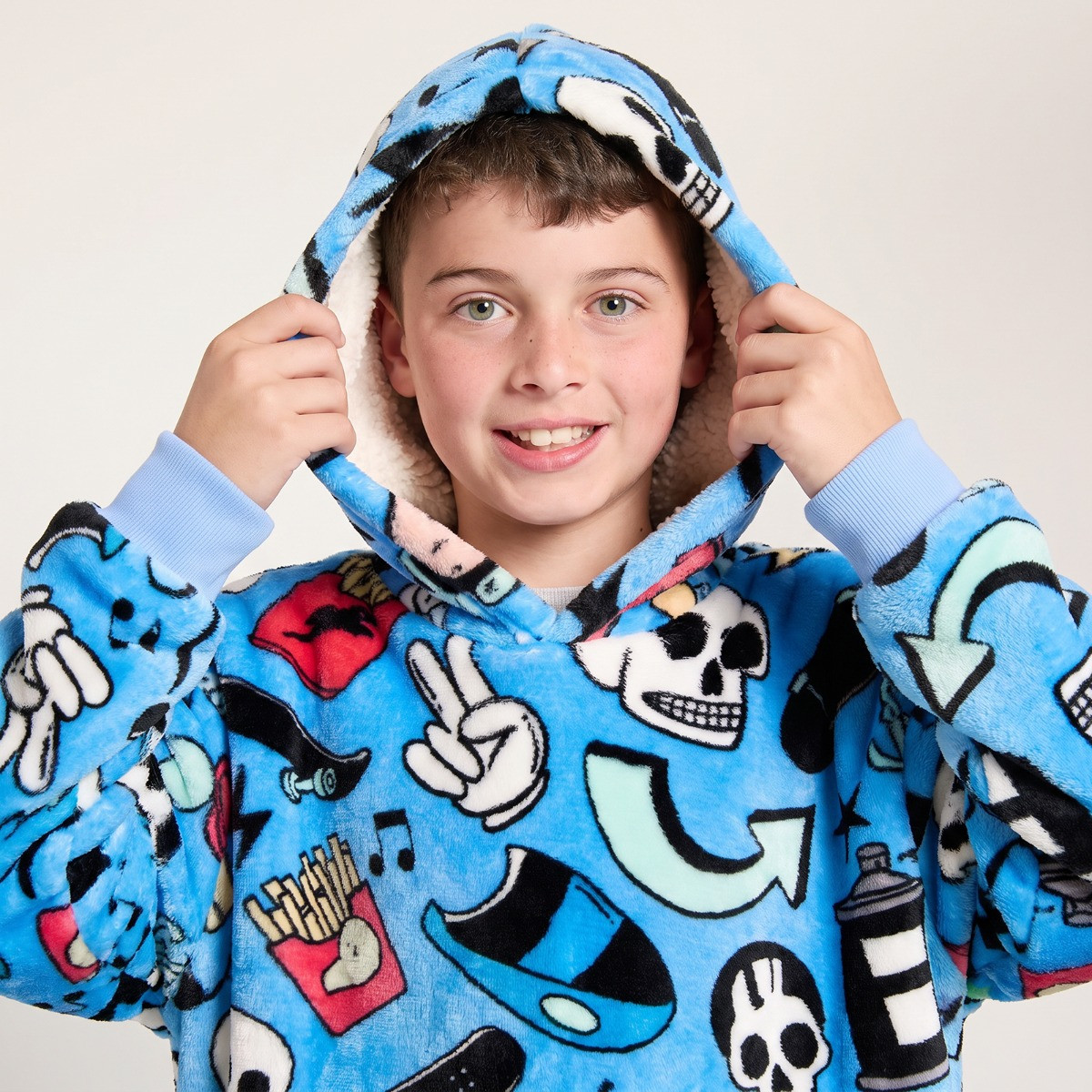 OHS Supersoft Kids Cartoon Print Hoodie Blanket - Blue>