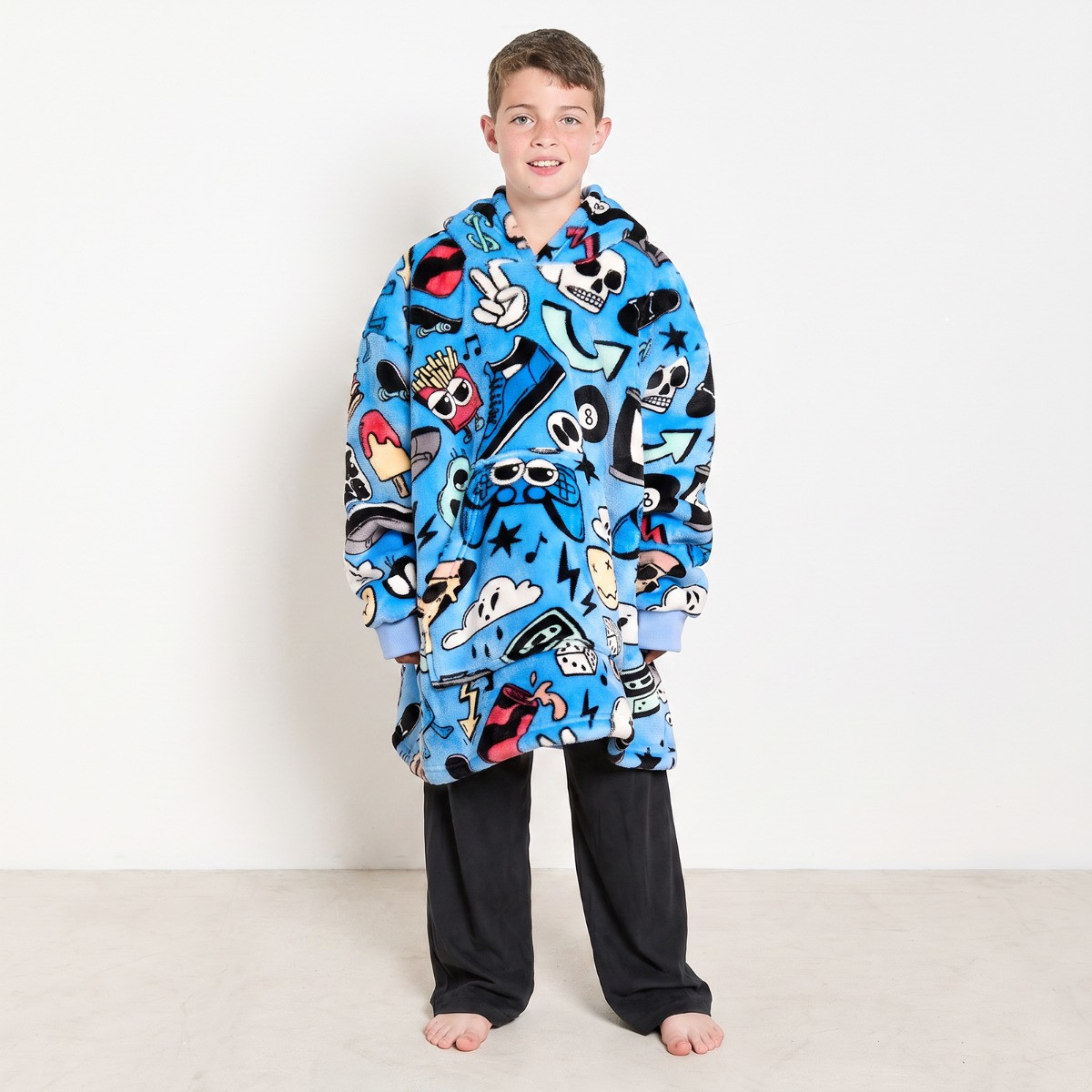 OHS Supersoft Kids Cartoon Print Hoodie Blanket - Blue>