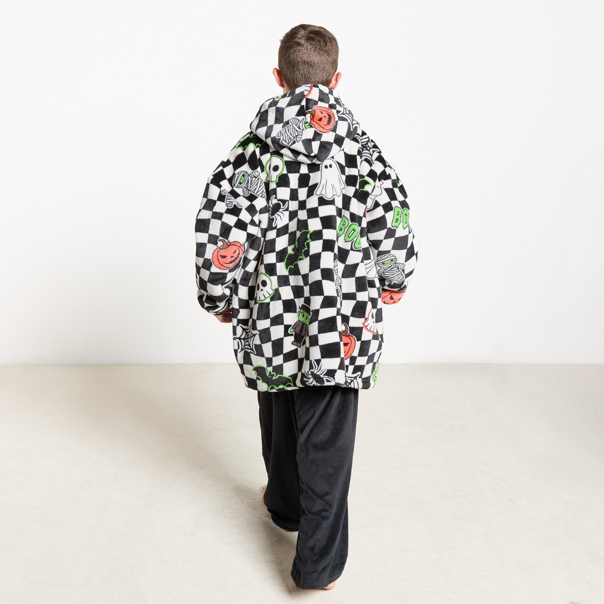 OHS Supersoft Kids Halloween Checkerboard Print Hoodie Blanket - Monochrome>