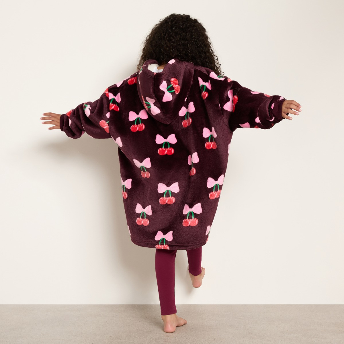 OHS Supersoft Kids Cherry Bow Print Hoodie Blanket - Burgundy>