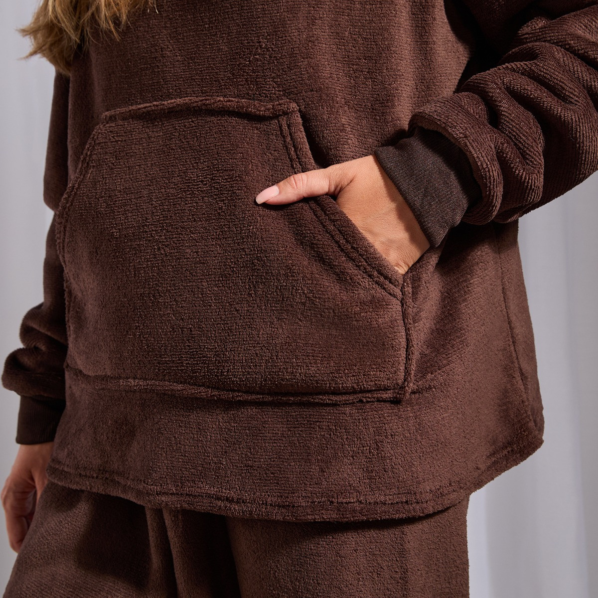 OHS Fleece Hoodie Loungewear Set - Brown>