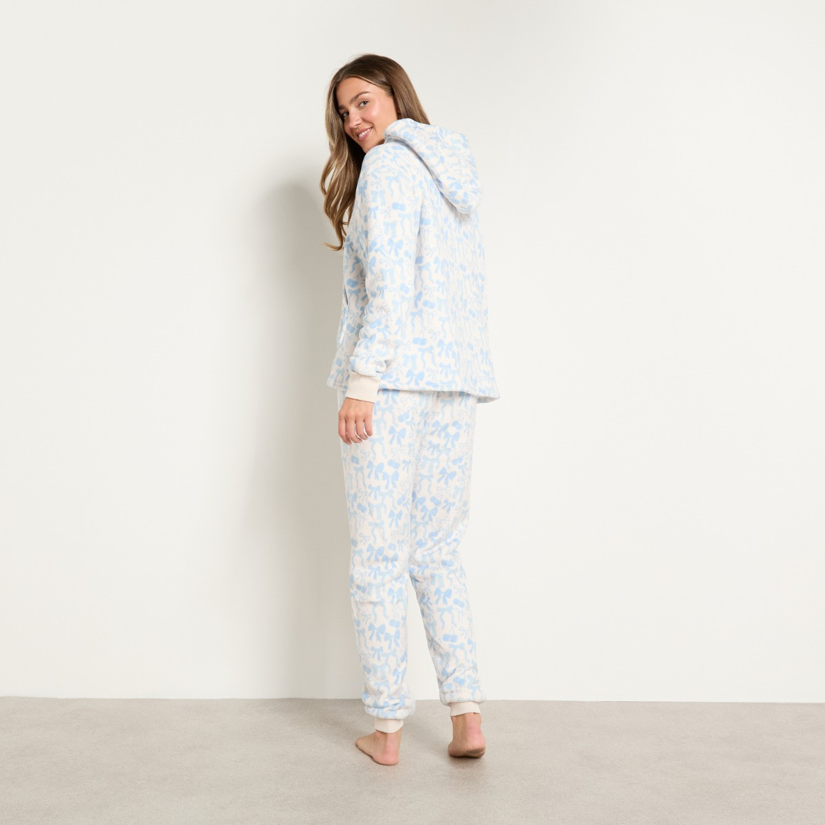 OHS Bow Cherry Print Fleece Hoodie & Cuffed Jogger Pyjama Set - Blue>