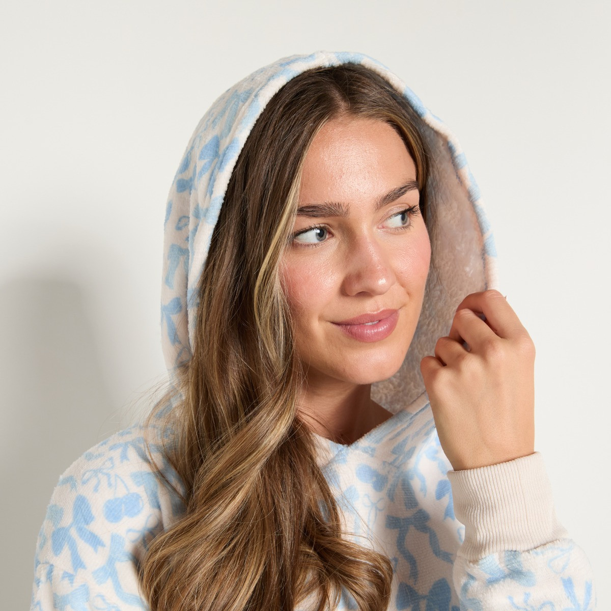 OHS Bow Cherry Print Fleece Hoodie & Cuffed Jogger Pyjama Set - Blue>