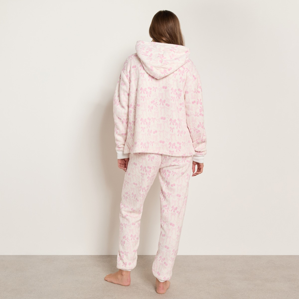 OHS Bow Cherry Print Fleece Hoodie & Cuffed Jogger Pyjama Set - Pink>