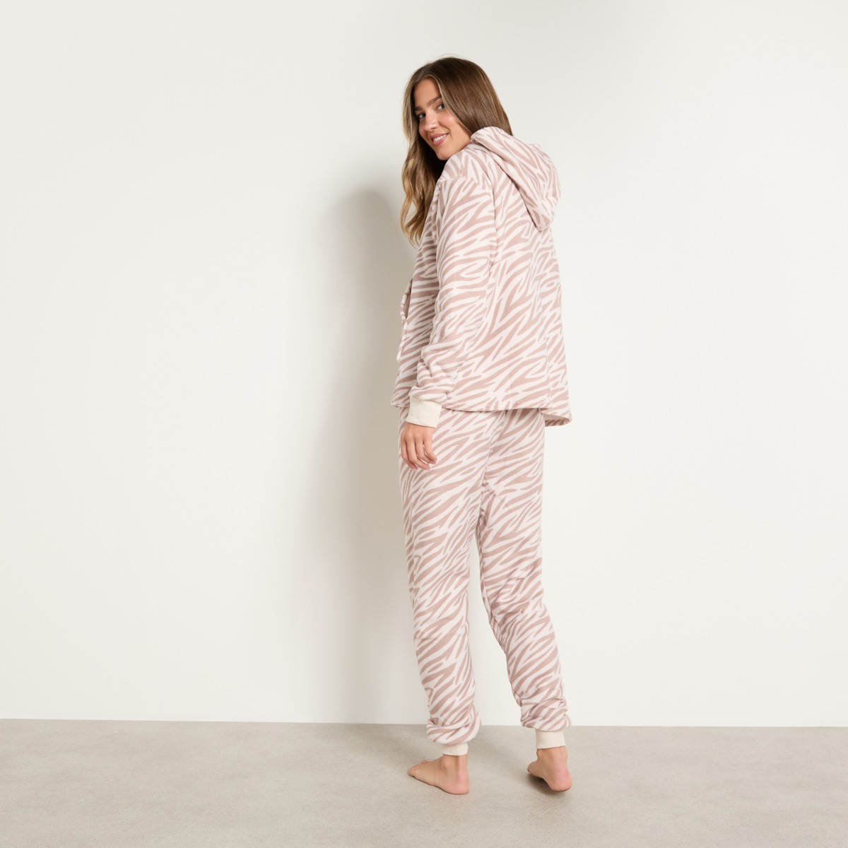OHS Zebra Print Fleece Hoodie & Cuffed Jogger Pyjama Set - Beige>