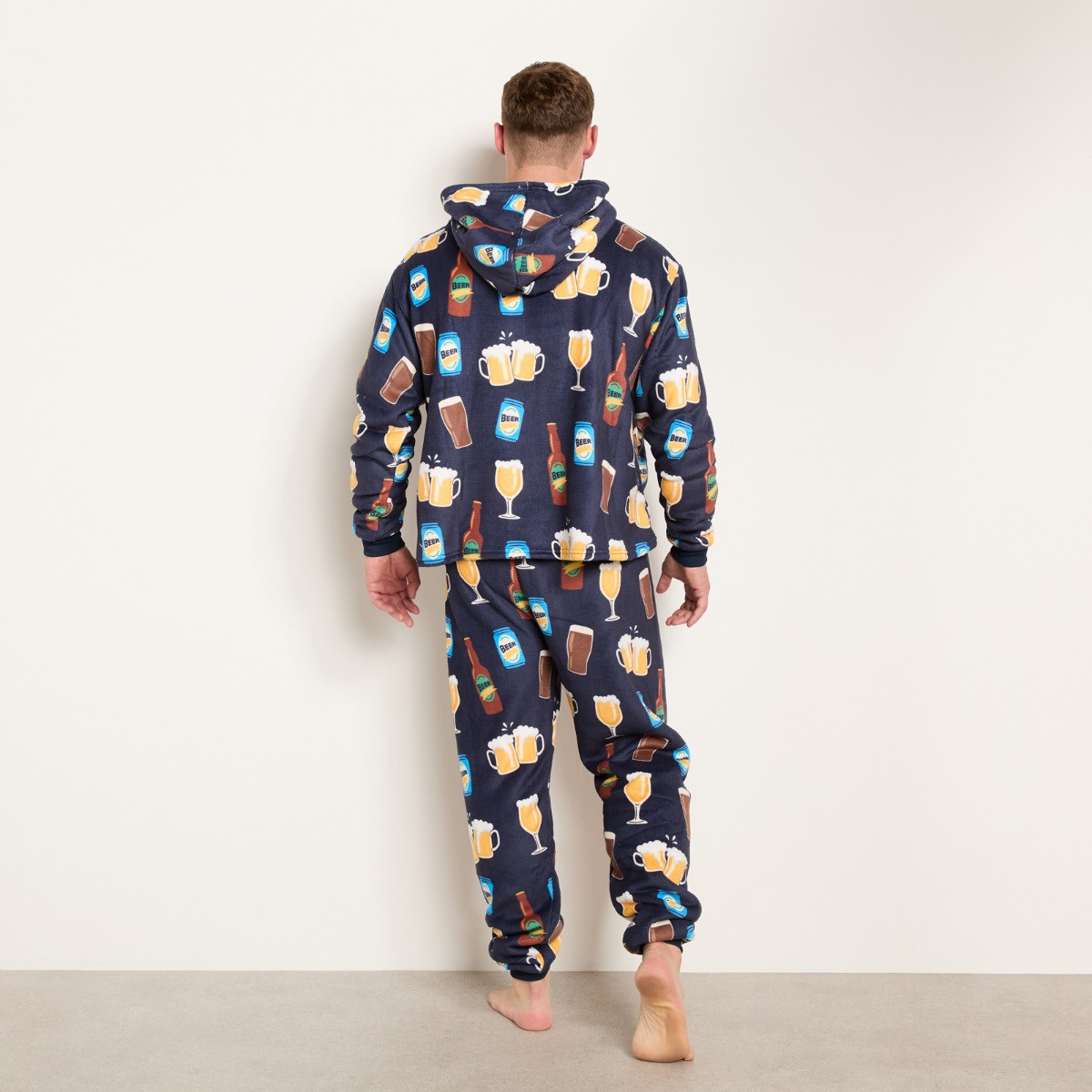 OHS Men's Beer Print Fleece Hoodie Loungewear Set - Navy>