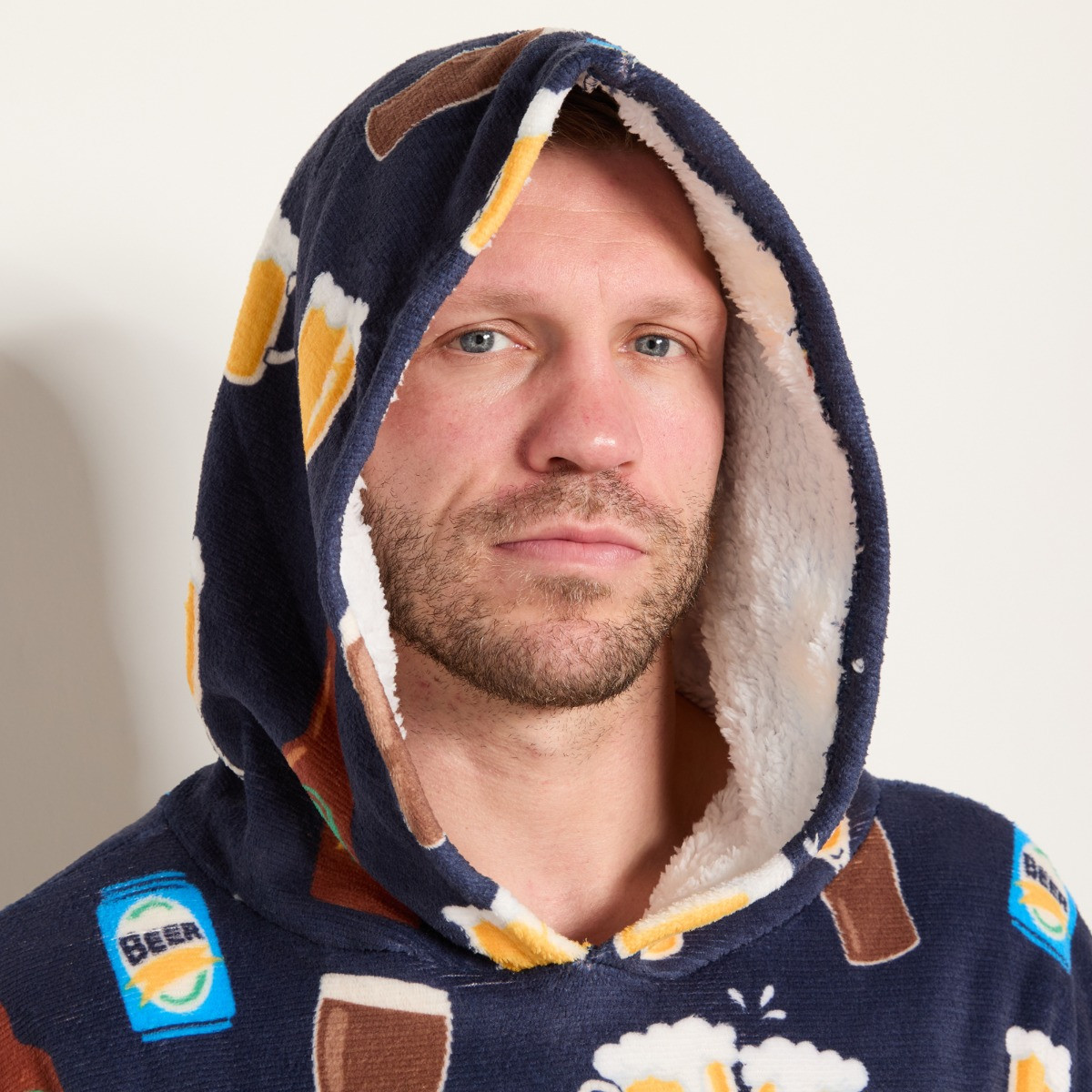 OHS Men's Beer Print Fleece Hoodie Loungewear Set - Navy>