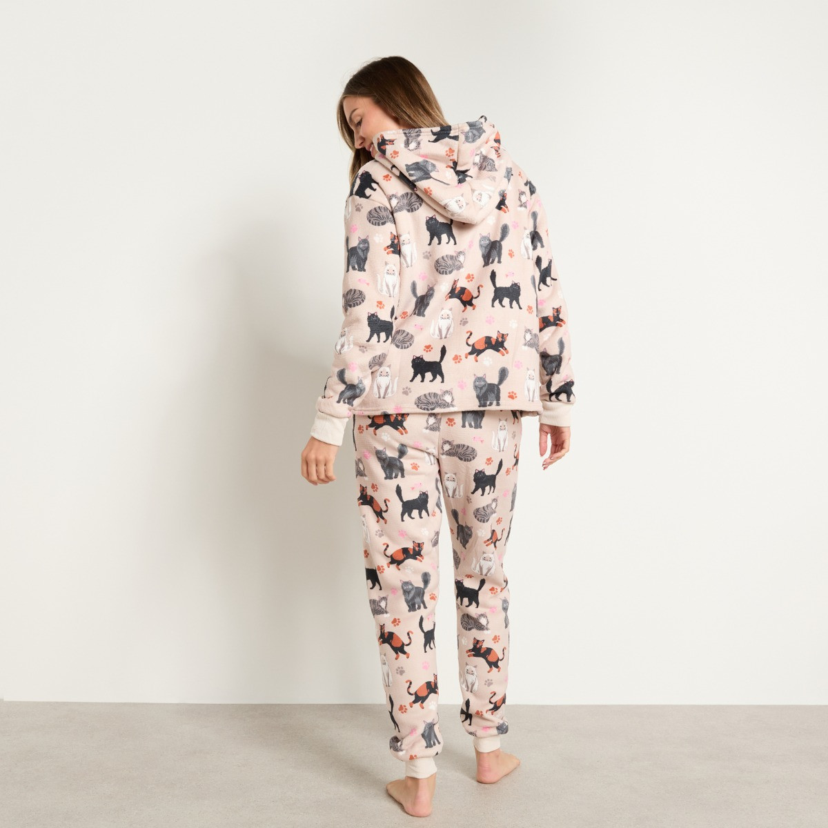 OHS Pet Cat Print Fleece Hoodie Loungewear Set - Beige>