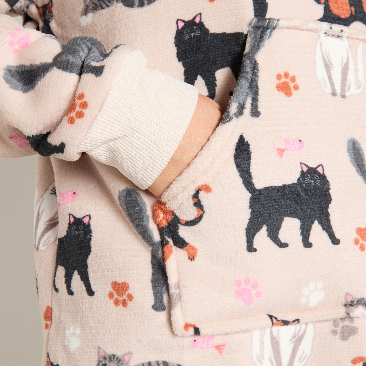 OHS Pet Cat Print Fleece Hoodie Loungewear Set - Beige>