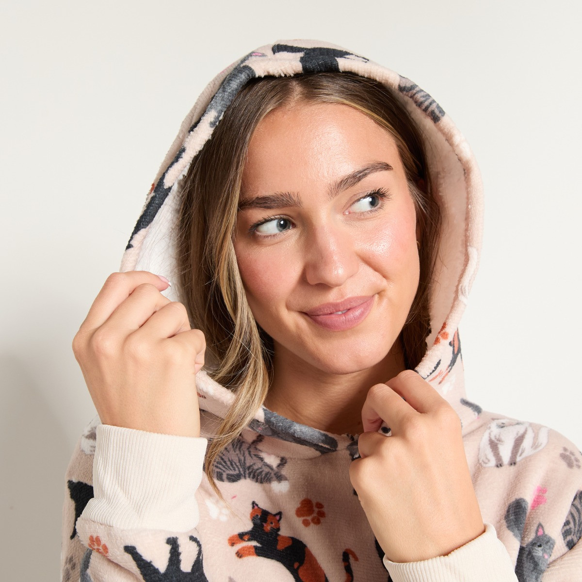 OHS Pet Cat Print Fleece Hoodie Loungewear Set - Beige>