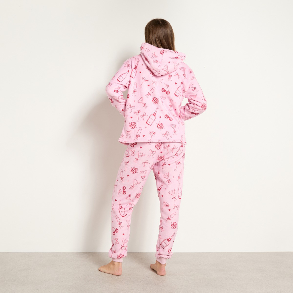 OHS Bows & Cocktails Fleece Hoodie & Cuffed Jogger Pyjama Set - Pink>
