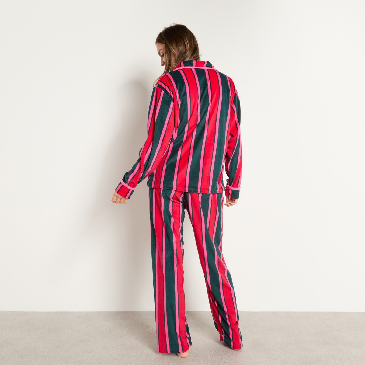 OHS Stripe Matte Velvet Button Through Pyjama Set - Green/Pink>