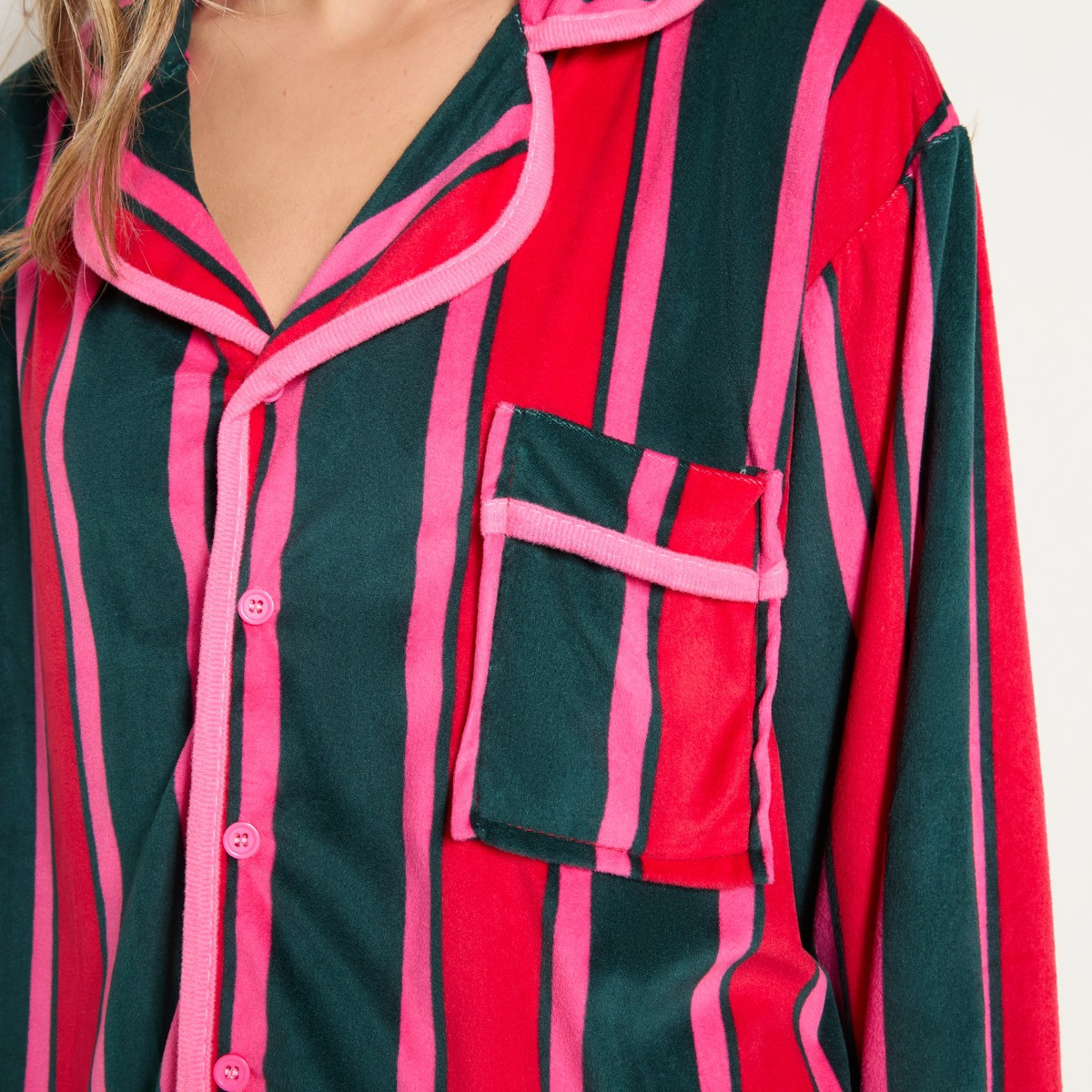 OHS Stripe Matte Velvet Button Through Pyjama Set - Green/Pink>