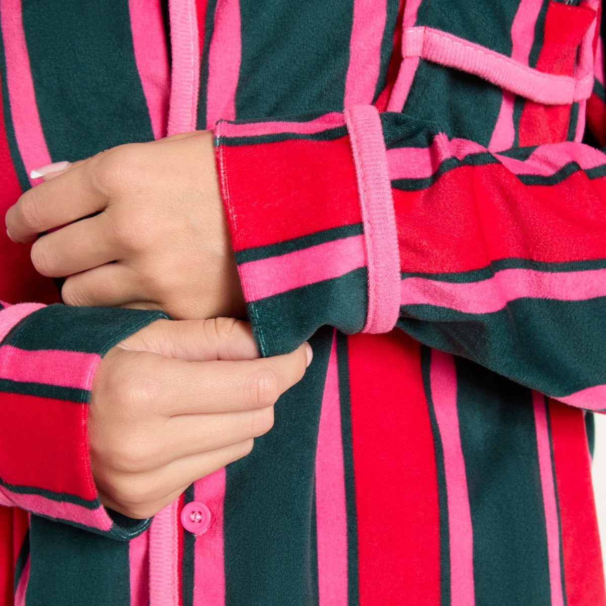 OHS Stripe Matte Velvet Button Through Pyjama Set - Green/Pink>