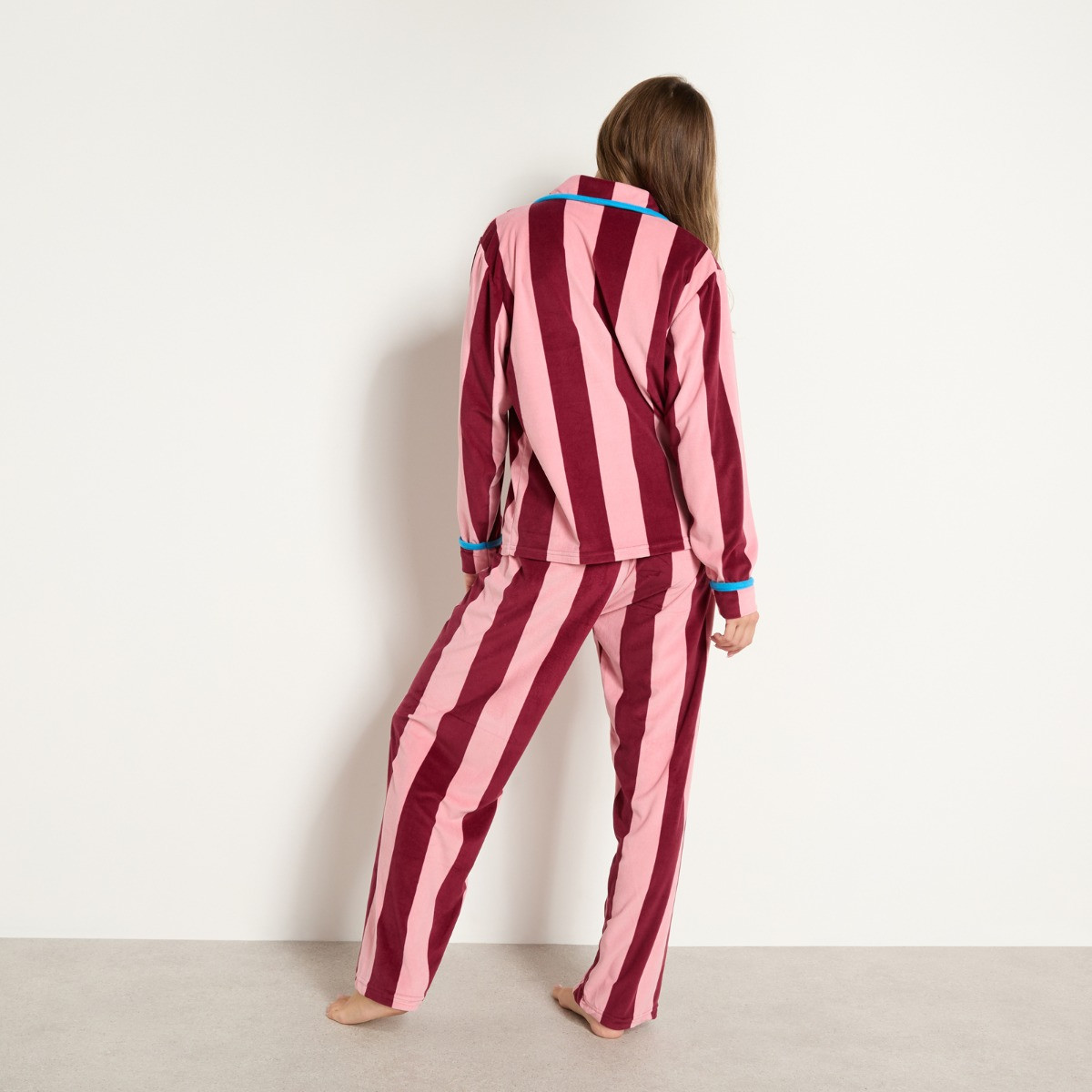 OHS Stripe Matte Velvet Button Through Pyjama Set - Burgundy/Pink>
