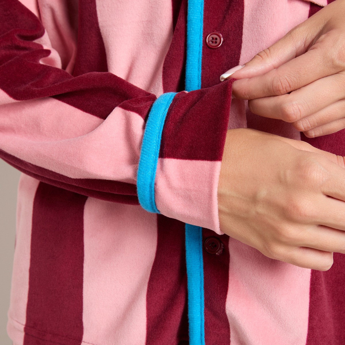 OHS Stripe Matte Velvet Button Through Pyjama Set - Burgundy/Pink>