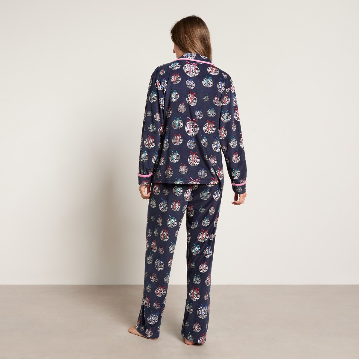 OHS Disco Ball Print Matte Velvet Button Through Pyjama Set - Navy>