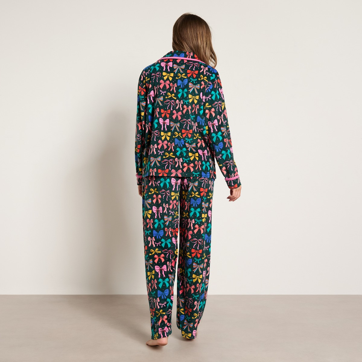 OHS Multi Bow Print Matte Velvet Button Through Pyjama Set - Green>
