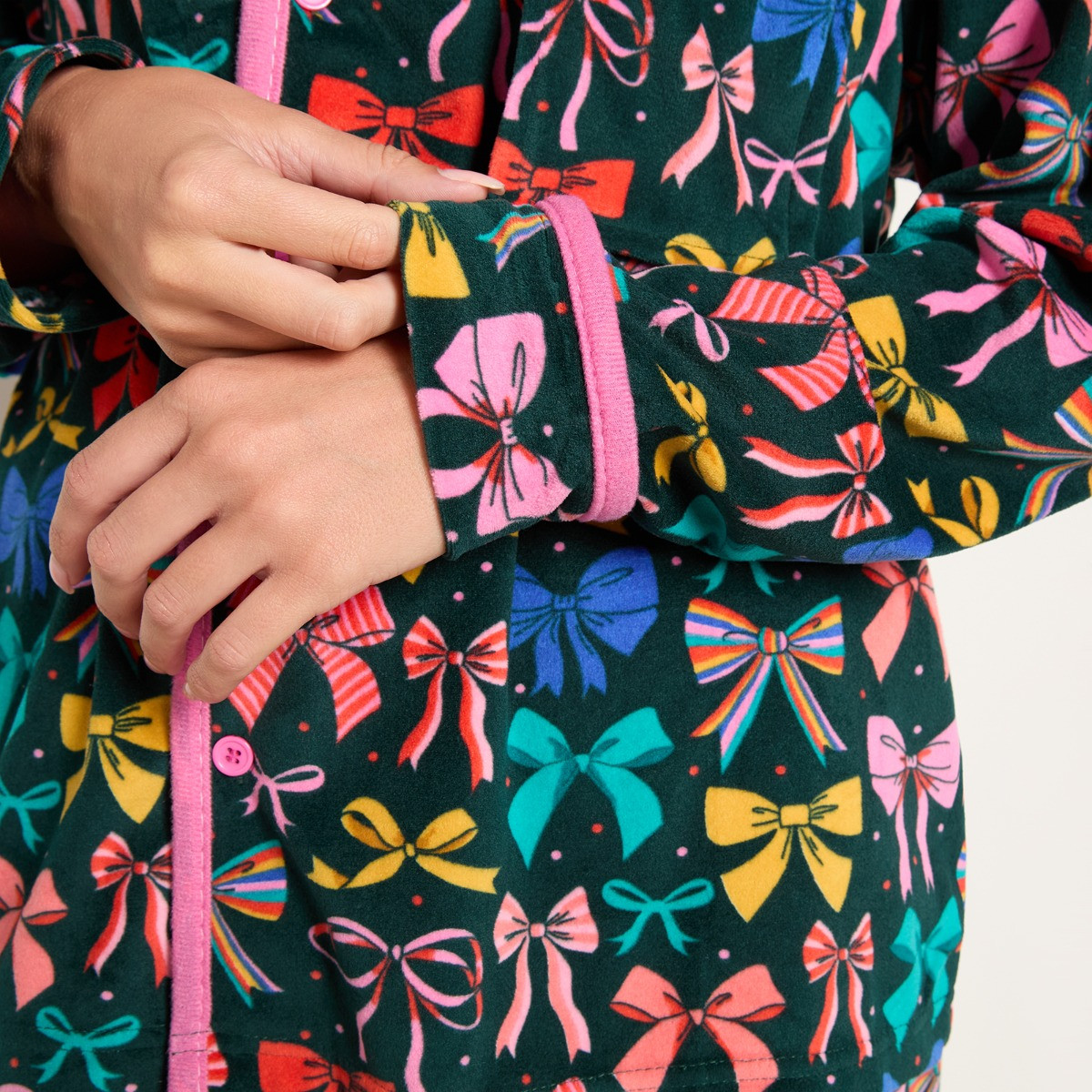 OHS Multi Bow Print Matte Velvet Button Through Pyjama Set - Green>