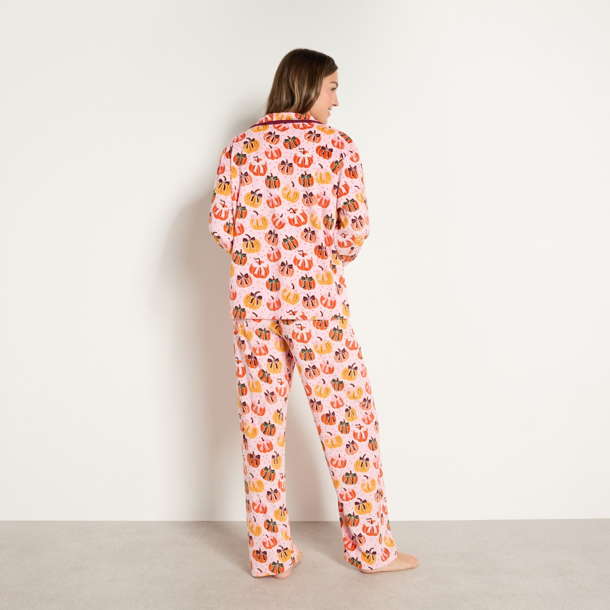 OHS Pumpkin Bow Print Matte Velvet Button Through Pyjama Set - Pink>
