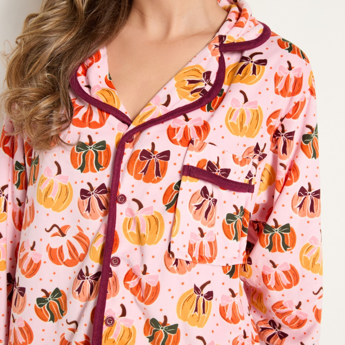 OHS Pumpkin Bow Print Matte Velvet Button Through Pyjama Set - Pink>