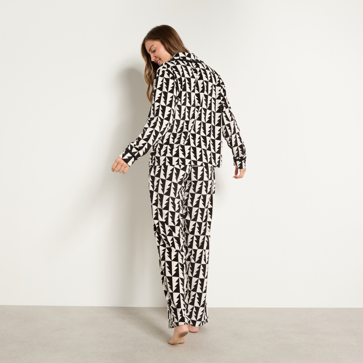 OHS Contrast Tree Print Matte Velvet Button Through Pyjama Set - Monochrome>