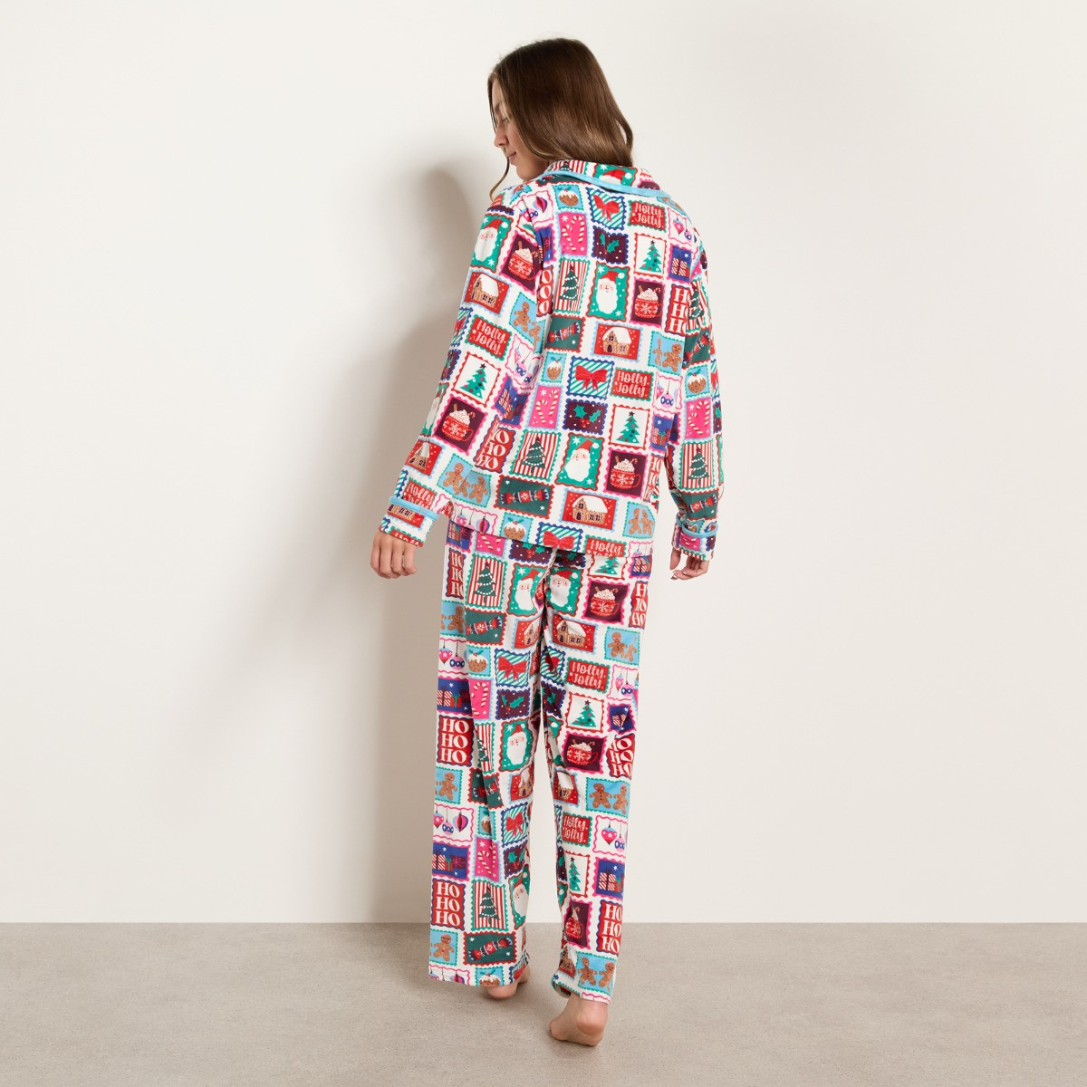 OHS Christmas Postcard Print Matte Velvet Button Through Pyjama Set - Multi>