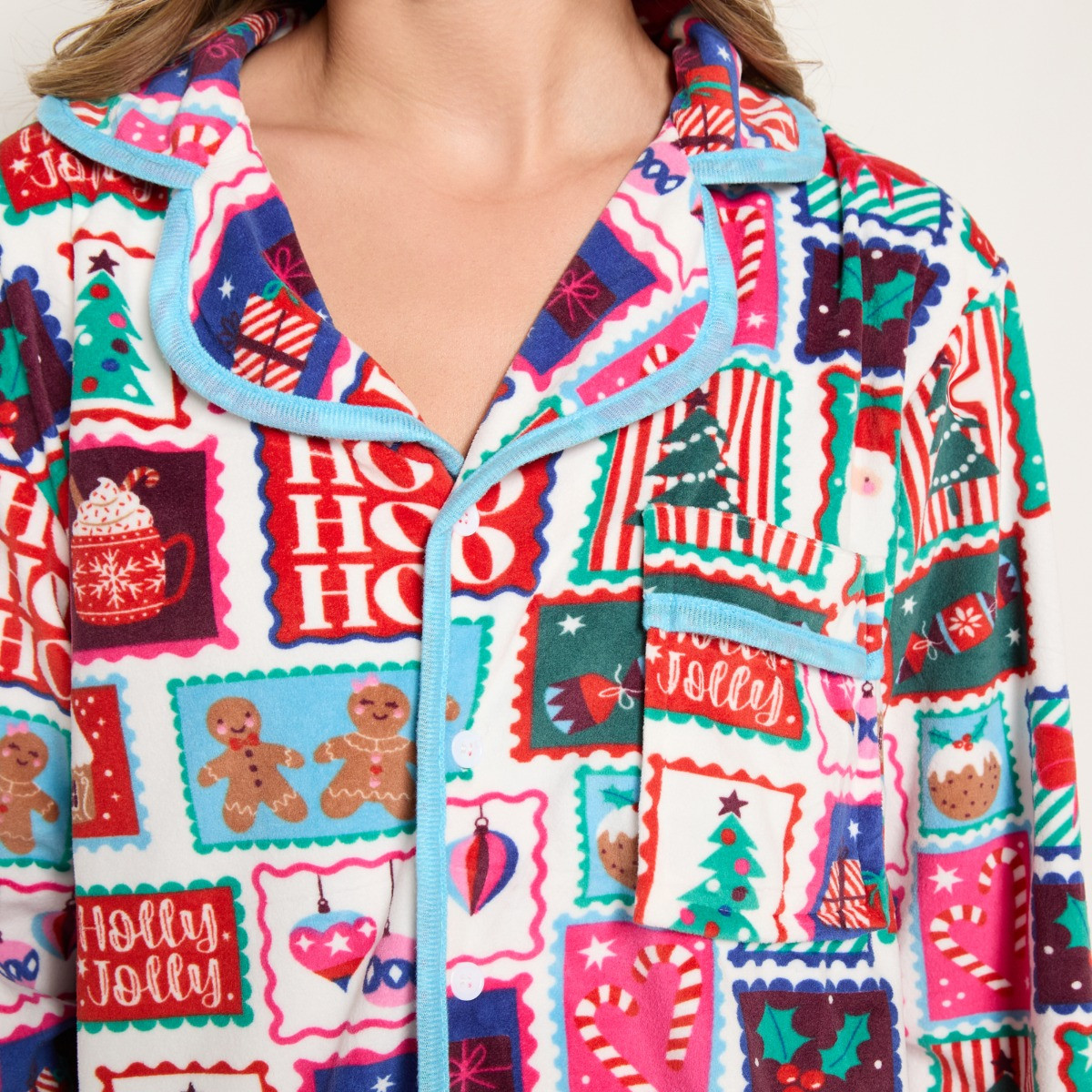 OHS Christmas Postcard Print Matte Velvet Button Through Pyjama Set - Multi>