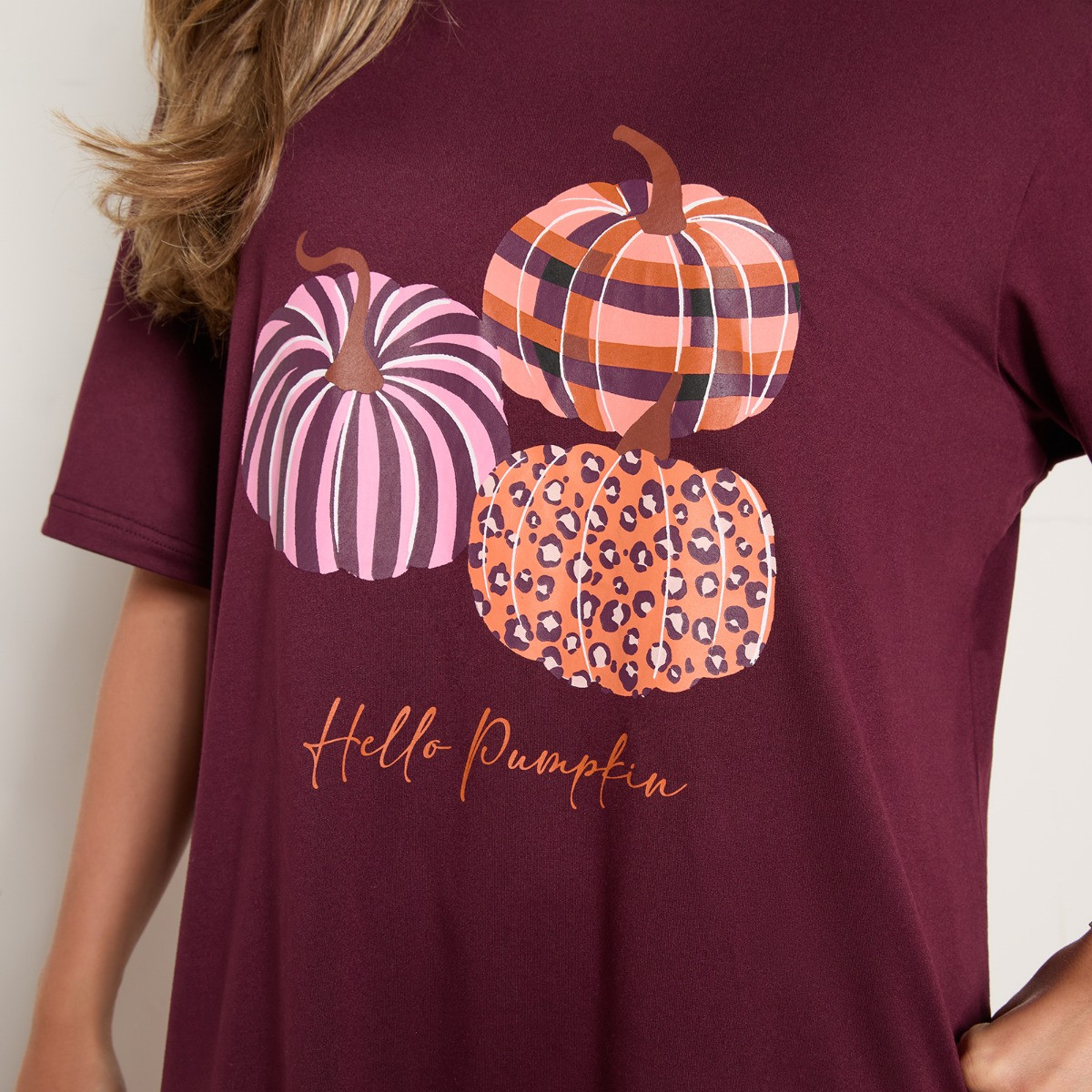 OHS Supersoft Patterned Pumpkin Print T-Shirt Pyjama Set, Multi - Small/Medium>