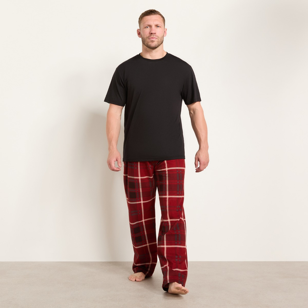 OHS Men's 2 Pack Check Pyjama Bottoms - Burgundy/Grey>
