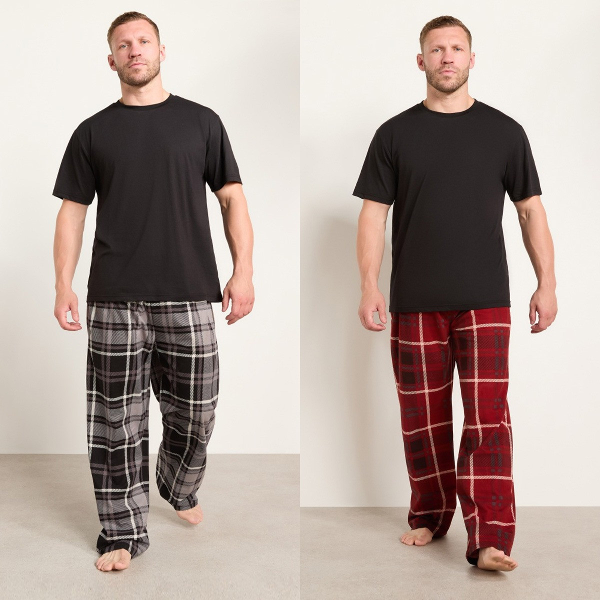 OHS Men's 2 Pack Check Pyjama Bottoms - Burgundy/Grey>