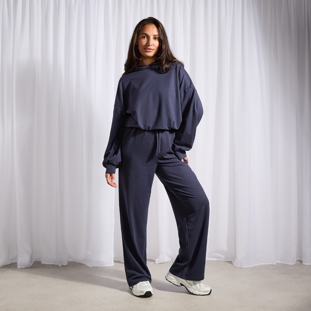 OHS Bubble Hem Hoodie Loungewear Set - Navy>