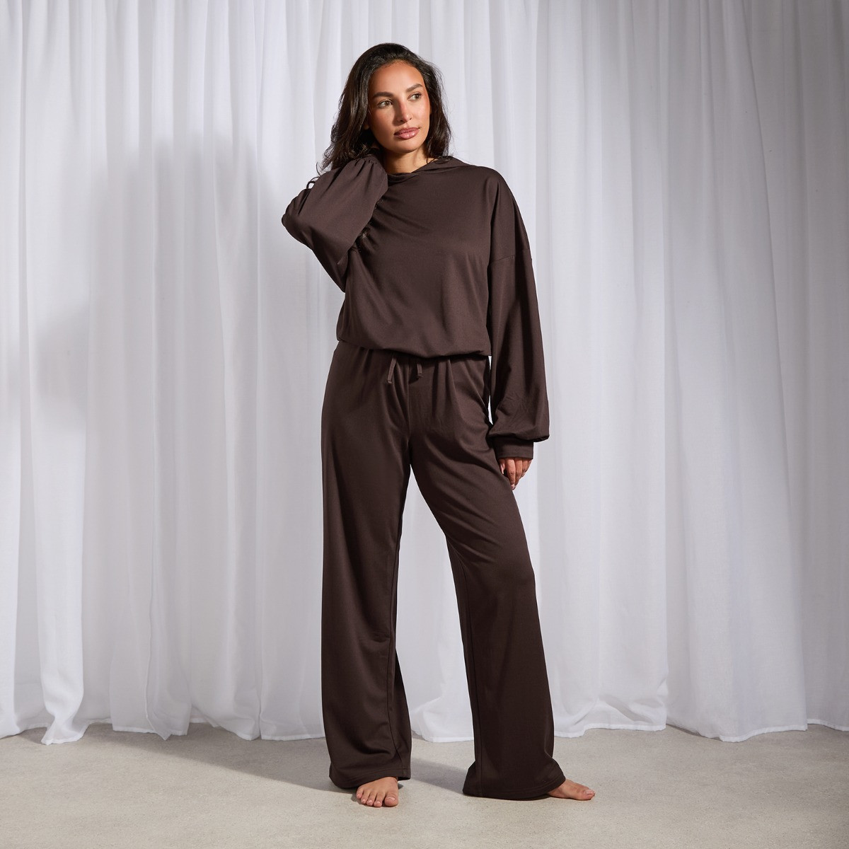 OHS Bubble Hem Hoodie Loungewear Set, Chocolate - Large/Extra Large>