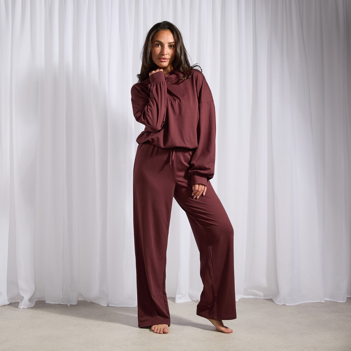 OHS Bubble Hem Hoodie Loungewear Set - Burgundy>