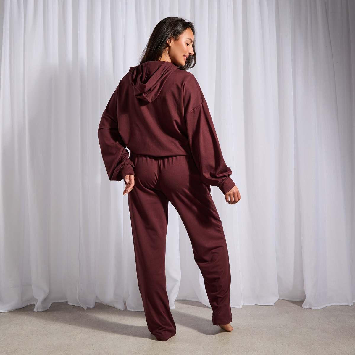 OHS Bubble Hem Hoodie Loungewear Set, Burgundy - Small/Medium>