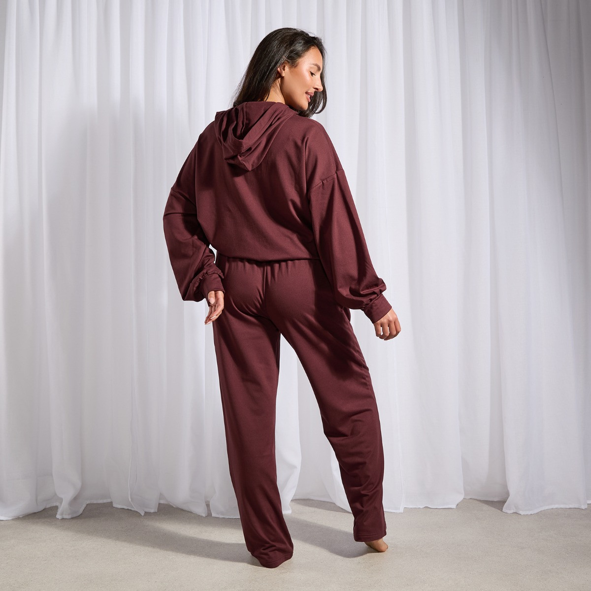 OHS Bubble Hem Hoodie Loungewear Set - Burgundy>