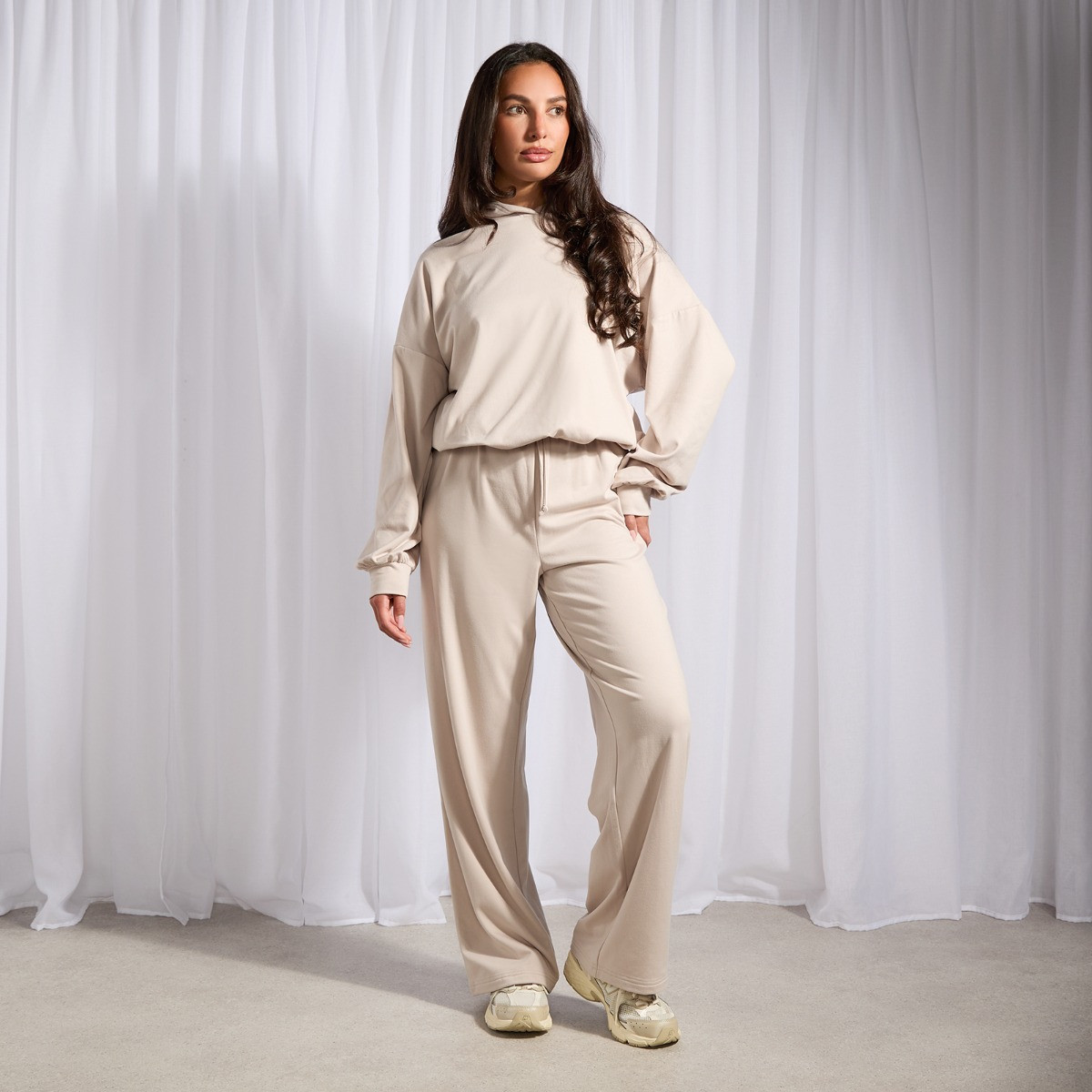 OHS Bubble Hem Hoodie Loungewear Set - Natural>