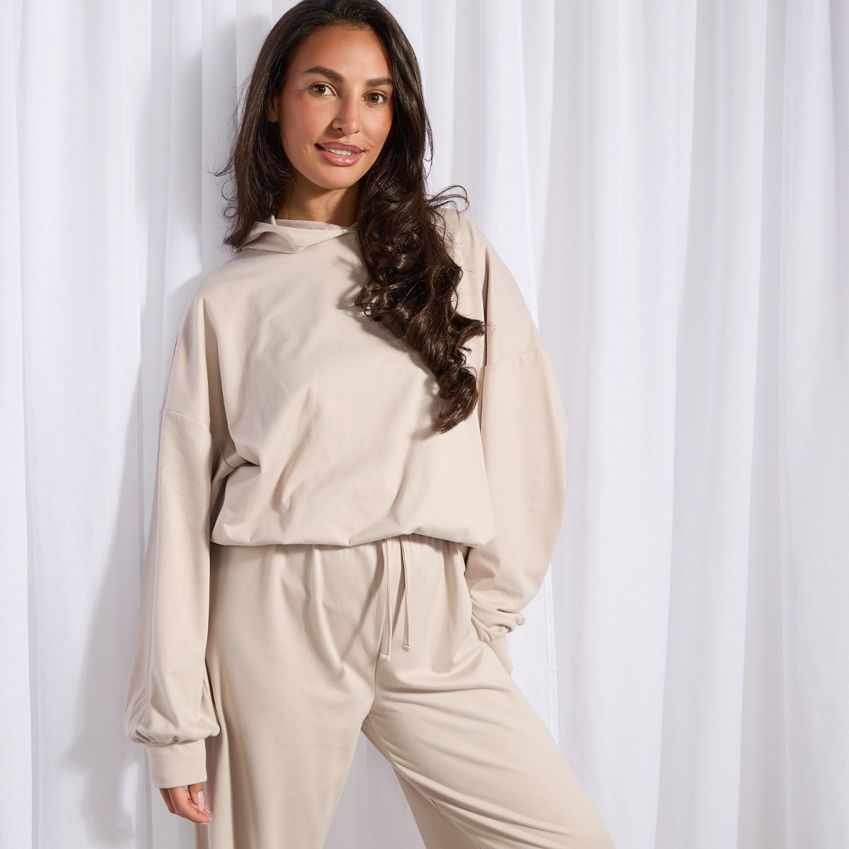 OHS Bubble Hem Hoodie Loungewear Set, Natural - Small/Medium>