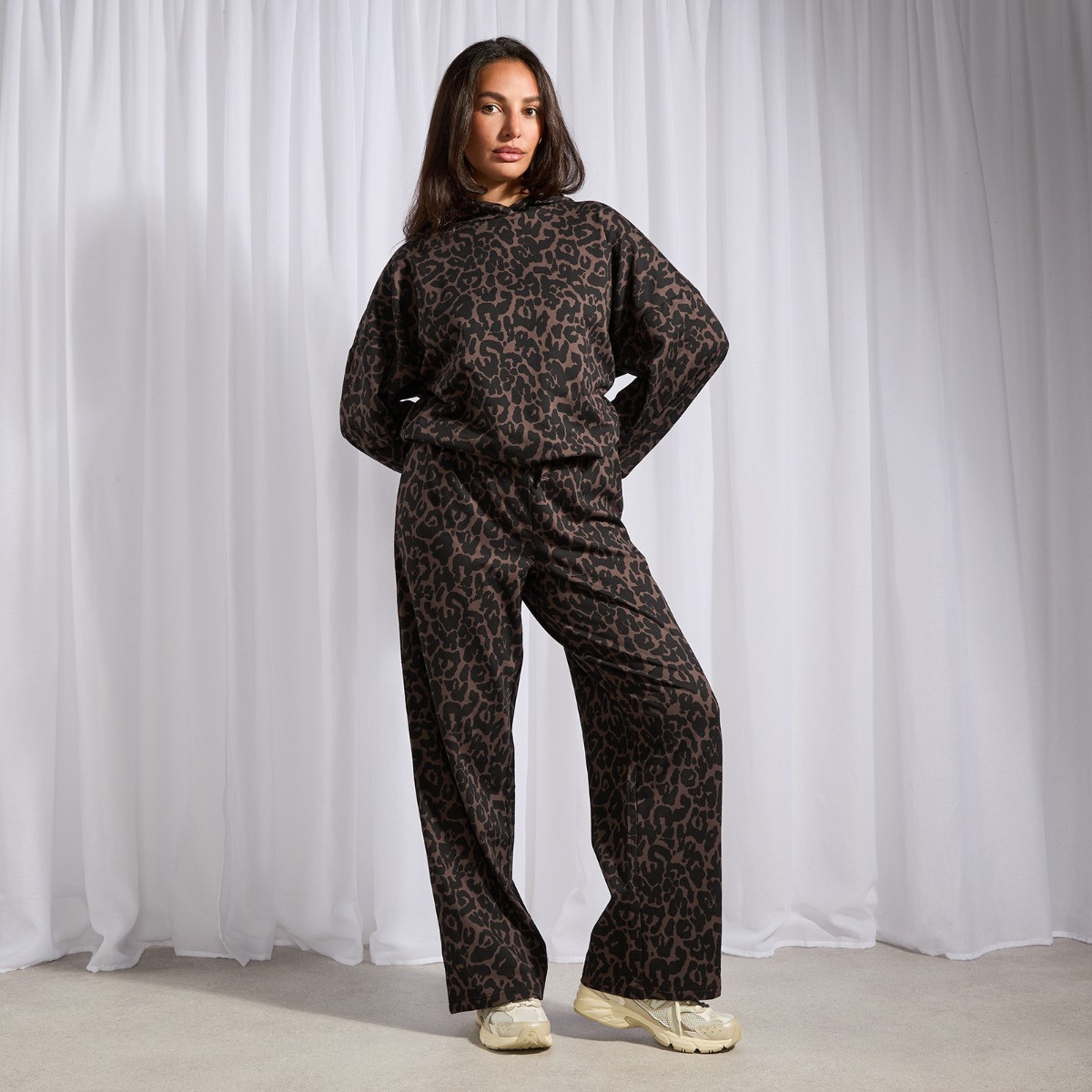 OHS Leopard Print Bubble Hem Hoodie Loungewear Set, Natural - Small/Medium>