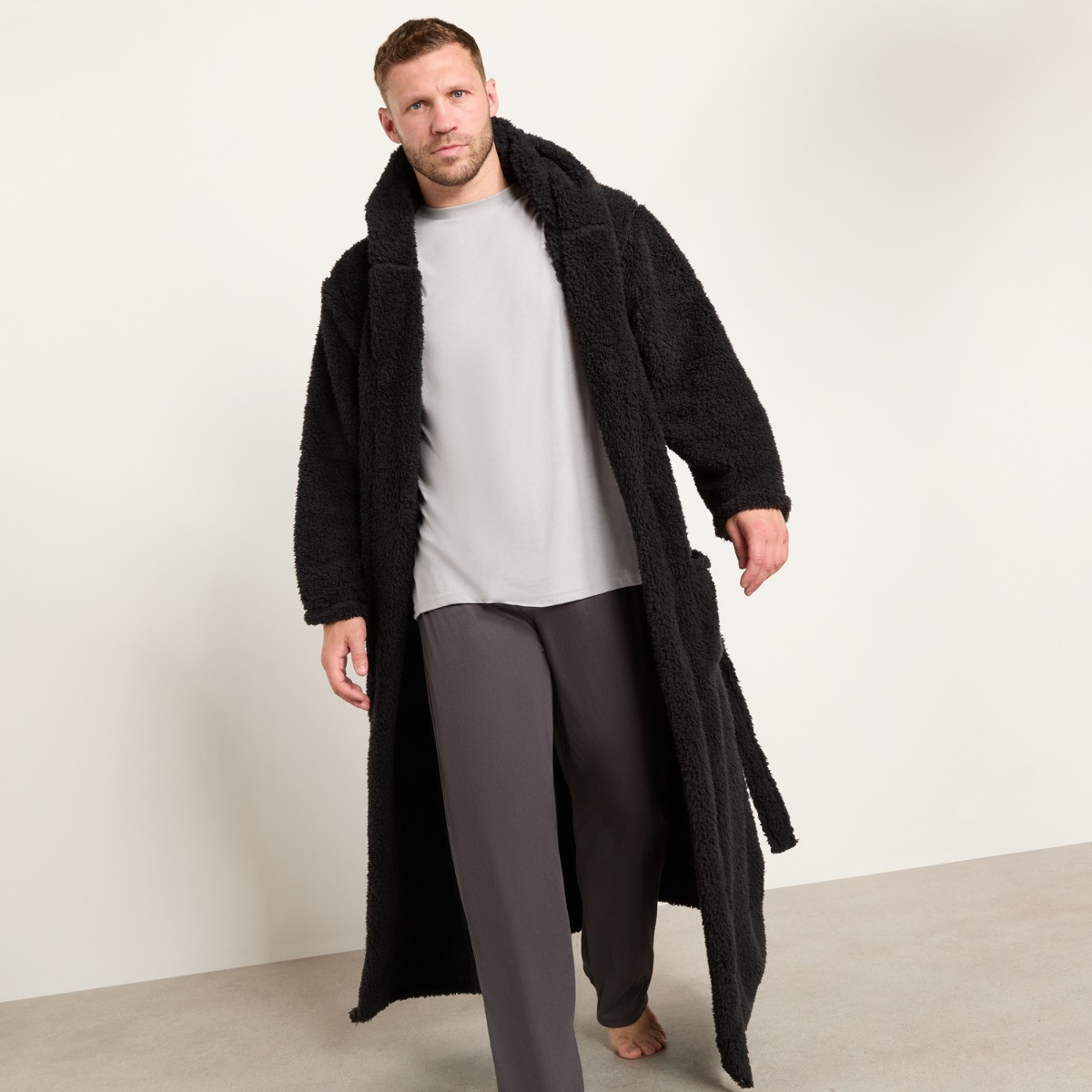 OHS Teddy Fleece Floor Length Dressing Gown - Black>