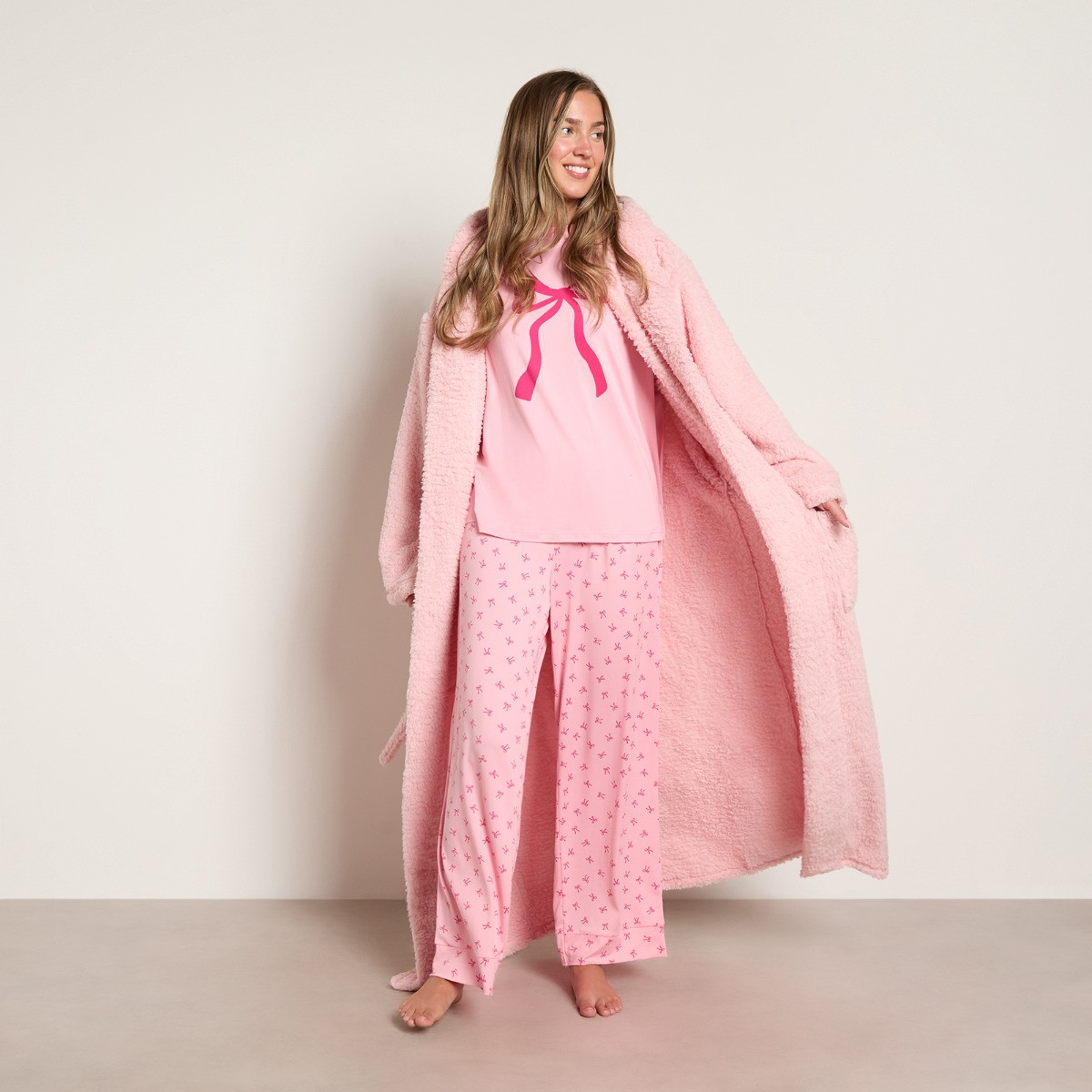 OHS Teddy Fleece Floor Length Dressing Gown - Blush>