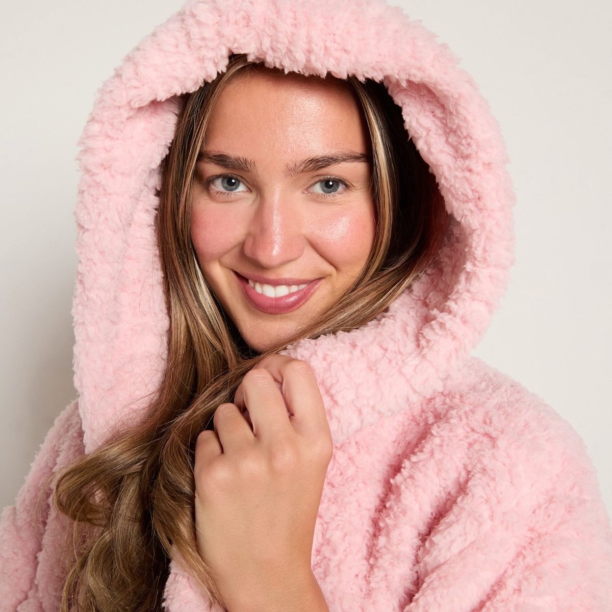 OHS Teddy Fleece Floor Length Dressing Gown - Blush>